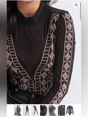 Venus Black Studded Mesh Long-Sleeve Bodysuit